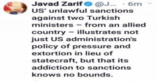 İran İslam Cumhuriyeti Dışişleri Bakanı Mohammad Cavad Zarif, Twitter Hesabından Abdnin Türkiyeye Karşı Uyguladığı Yaptırımı Kınadı.