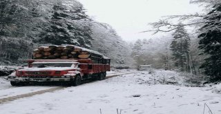 Kar Yağışı Ormanda Çalışan Sürücülere Zor Anlar Yaşattı