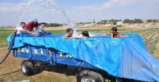 Sıcaktan Bulanan Çiftçiler Traktör Römorkunu Havuza Çevirdi