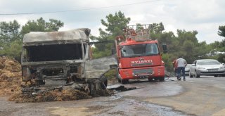 Çanakkalede Saman Yüklü Tır Yandı