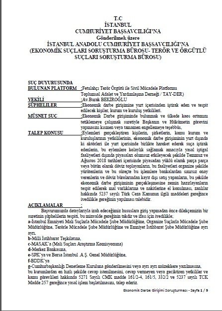 ‘Ekonomik Darbe Girişimi Soruşturması İçin Savcılığa Suç Duyurusu