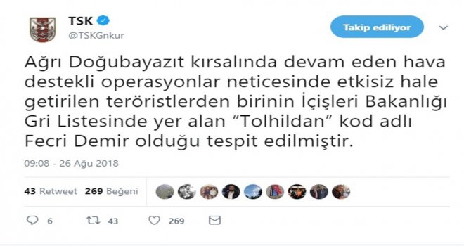 Tsk: Gri Listede Yer Alan Terörist Öldürüldü