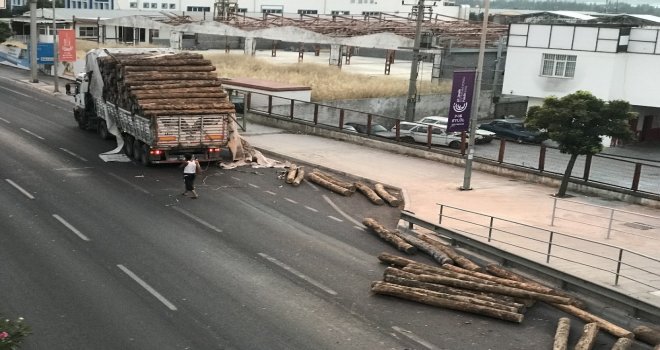 İzmirde Tır Dorsesinde Bulunan Tomruklar Üst Geçide Çarptı, Yola Savruldu