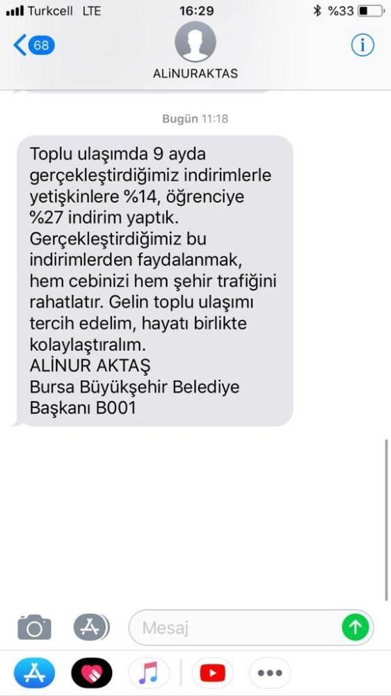 Bursa Büyükşehir Belediye Başkanı Aktaştan Vatandaşlara Smsli Çağrı