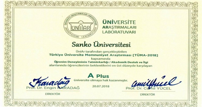 Sanko Üniversitesi, “A Plus Üniversite” Oldu