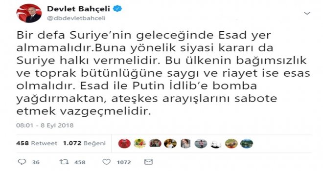 Bahçeli: Suriyenin Geleceğinde Esad Yer Almamalıdır