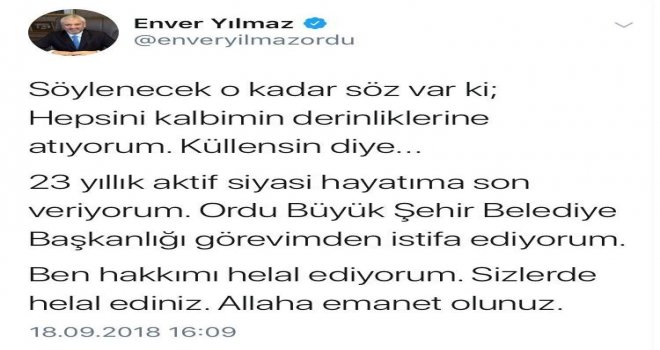 Ordu Büyükşehir Belediye Başkanı Enver Yılmaz İstifa Etti