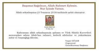 Genelkurmay Başkanı Orgeneral Gülerden Şehit İçin Başsağlığı Mesajı