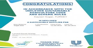Kayseri Şekere Sürdürülebilir Tarımdaunileverden Uygunluk Belgesi